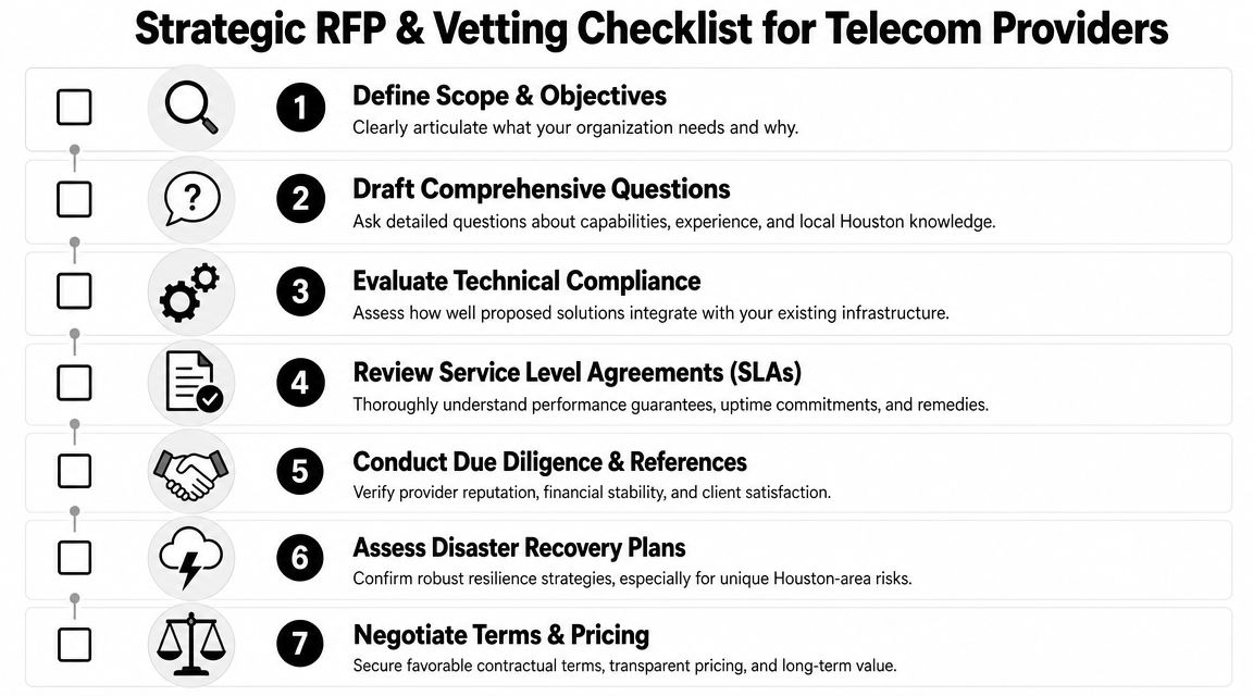 A checklist of seven steps for strategically vetting and selecting telecom solutions providers for your organization.