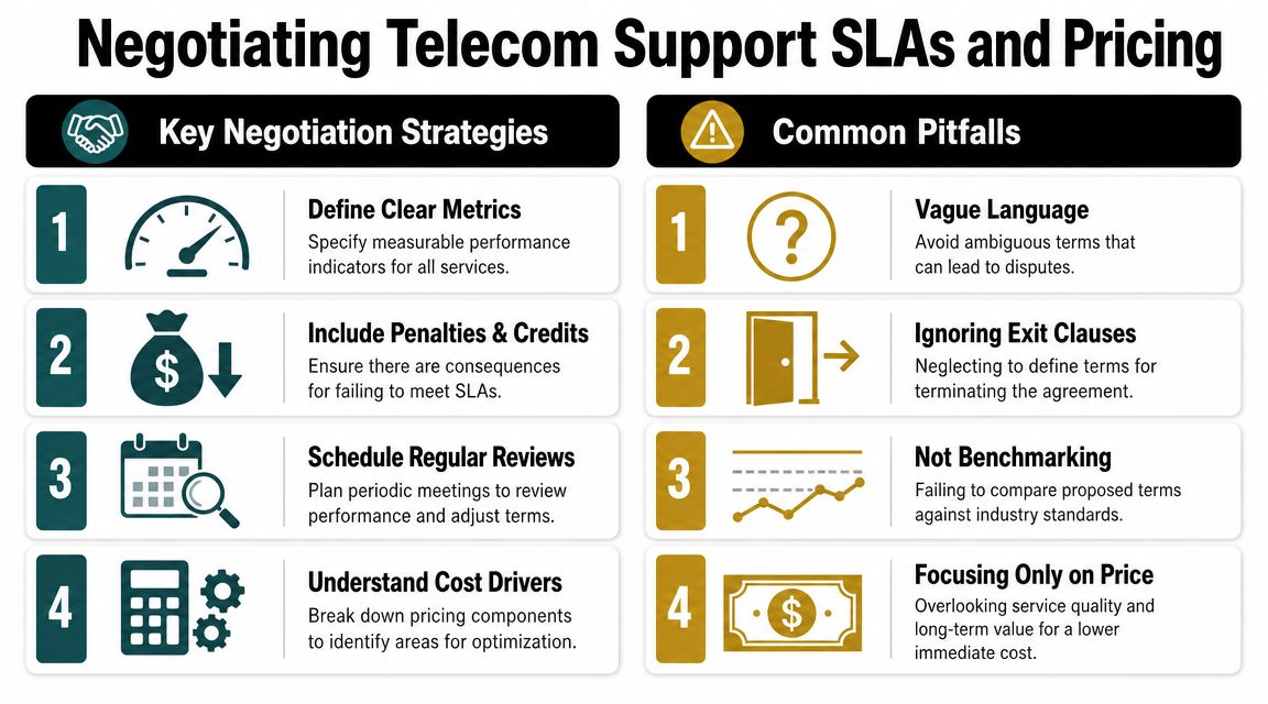 An infographic outlining key negotiation strategies and common pitfalls for Telecom support SLAs and pricing agreements.