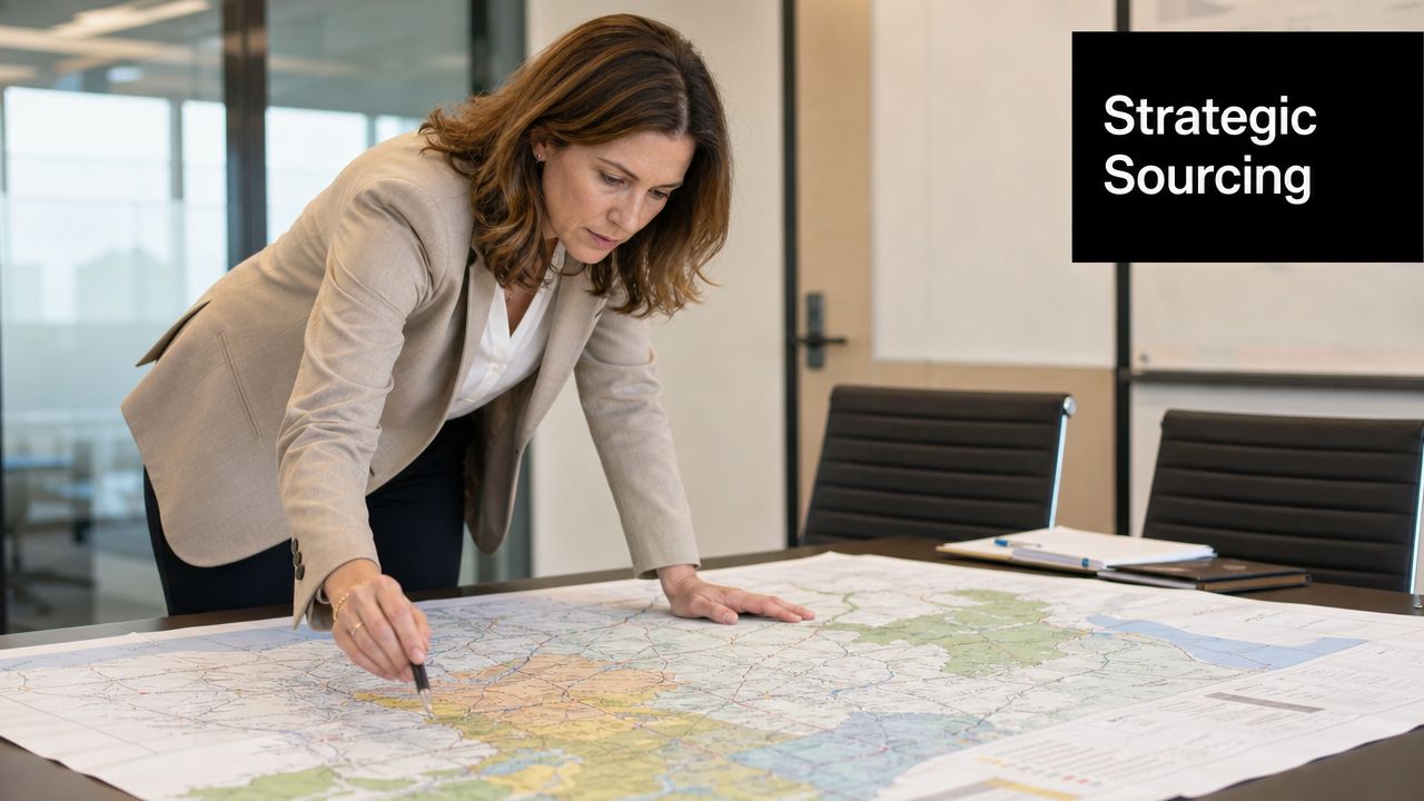 A professional woman in a blazer examines a large regional map on a conference table.