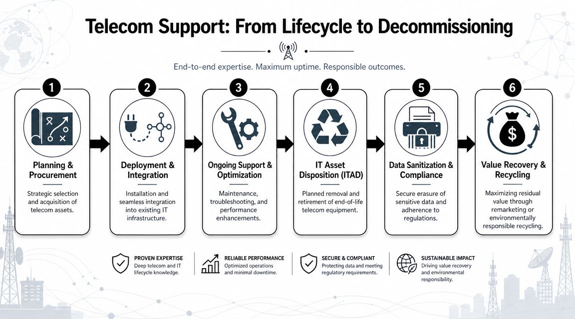 A diagram illustrating a six-step process for telecom support services from initial planning to final asset recycling.