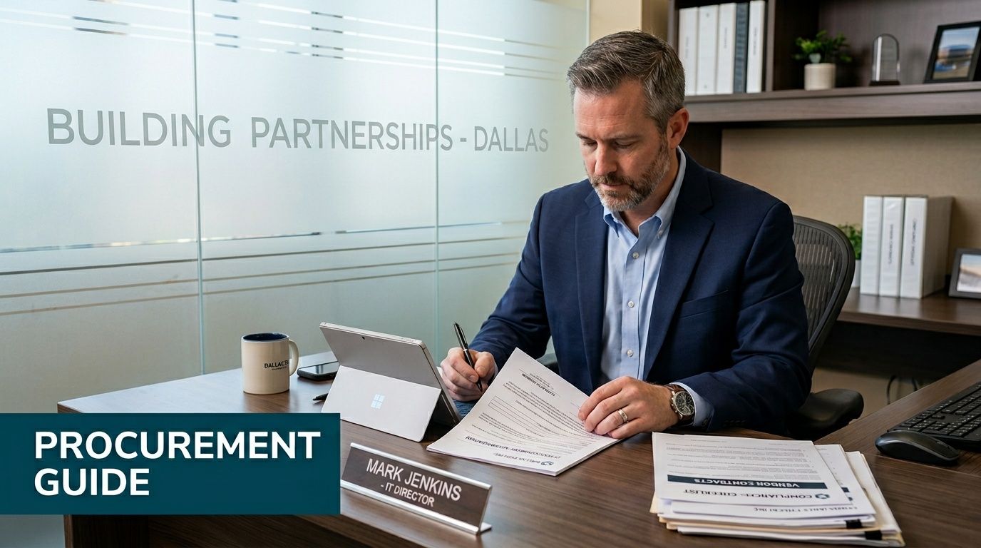 An IT Director signs procurement documents at his office desk in a professional Dallas business setting.