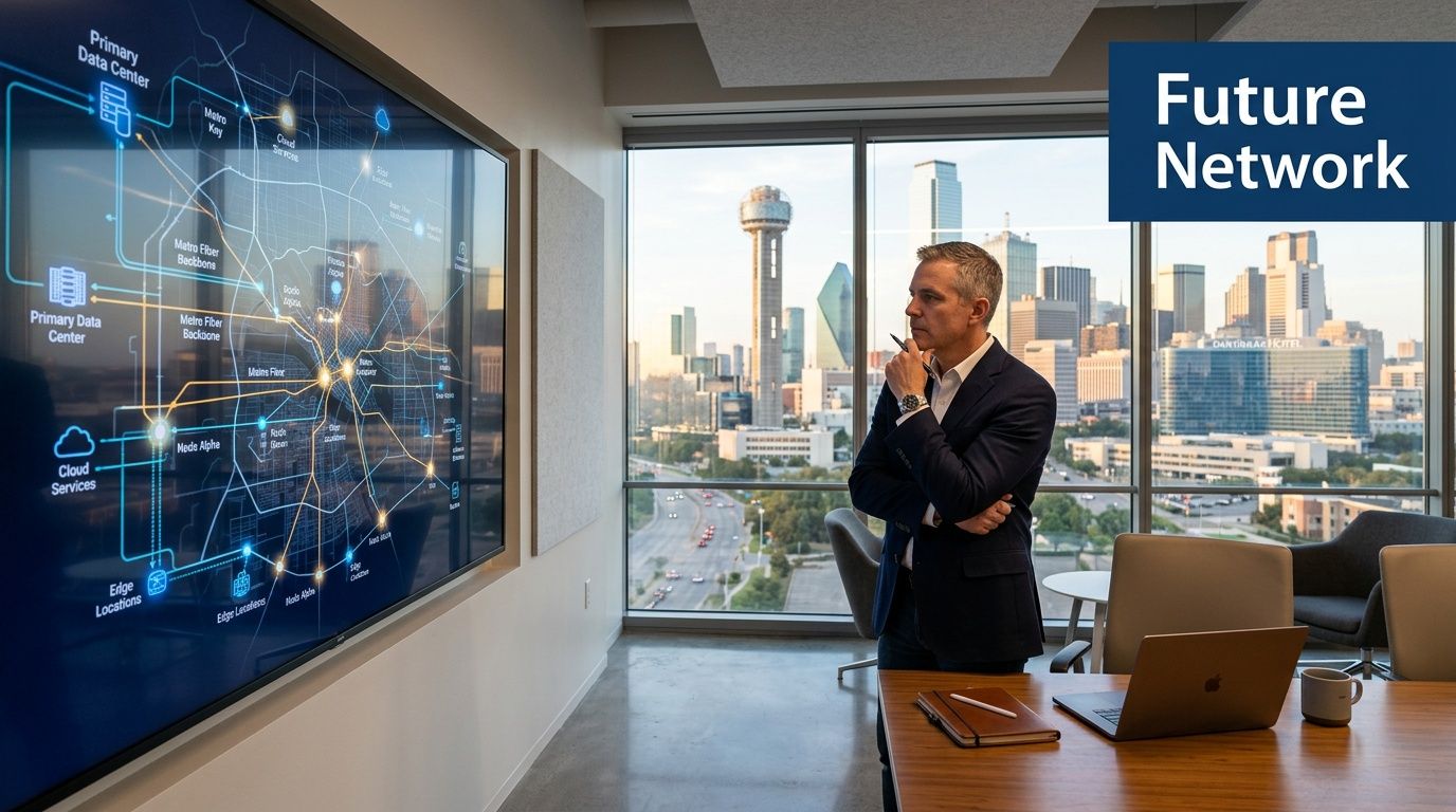 A professional man looking at a digital map of telecommunications network infrastructure in a Dallas office.