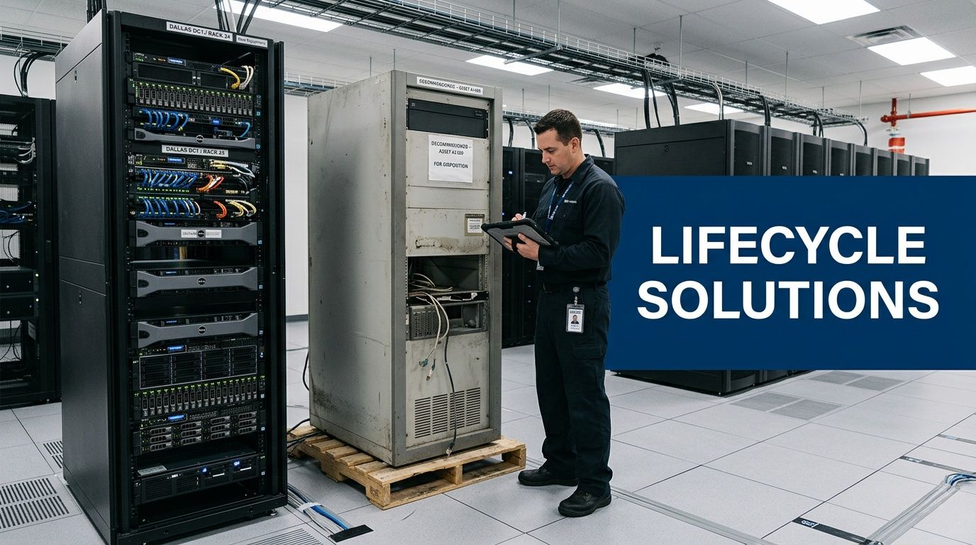 A technician inspects server racks in a Dallas data center while providing professional telecommunications lifecycle support services.