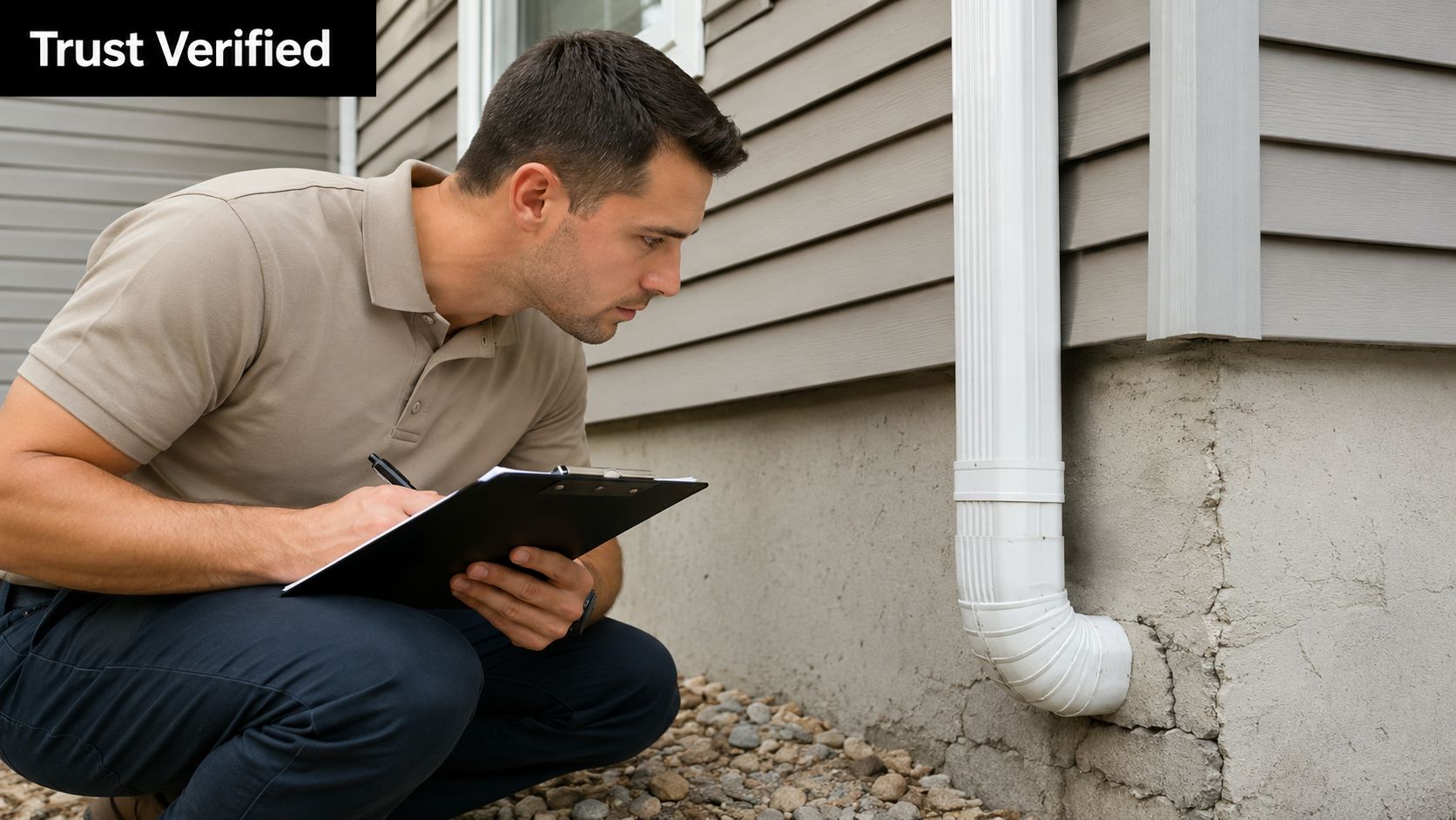 A professional home inspector in a polo shirt examines a foundation crack while taking notes on a clipboard.