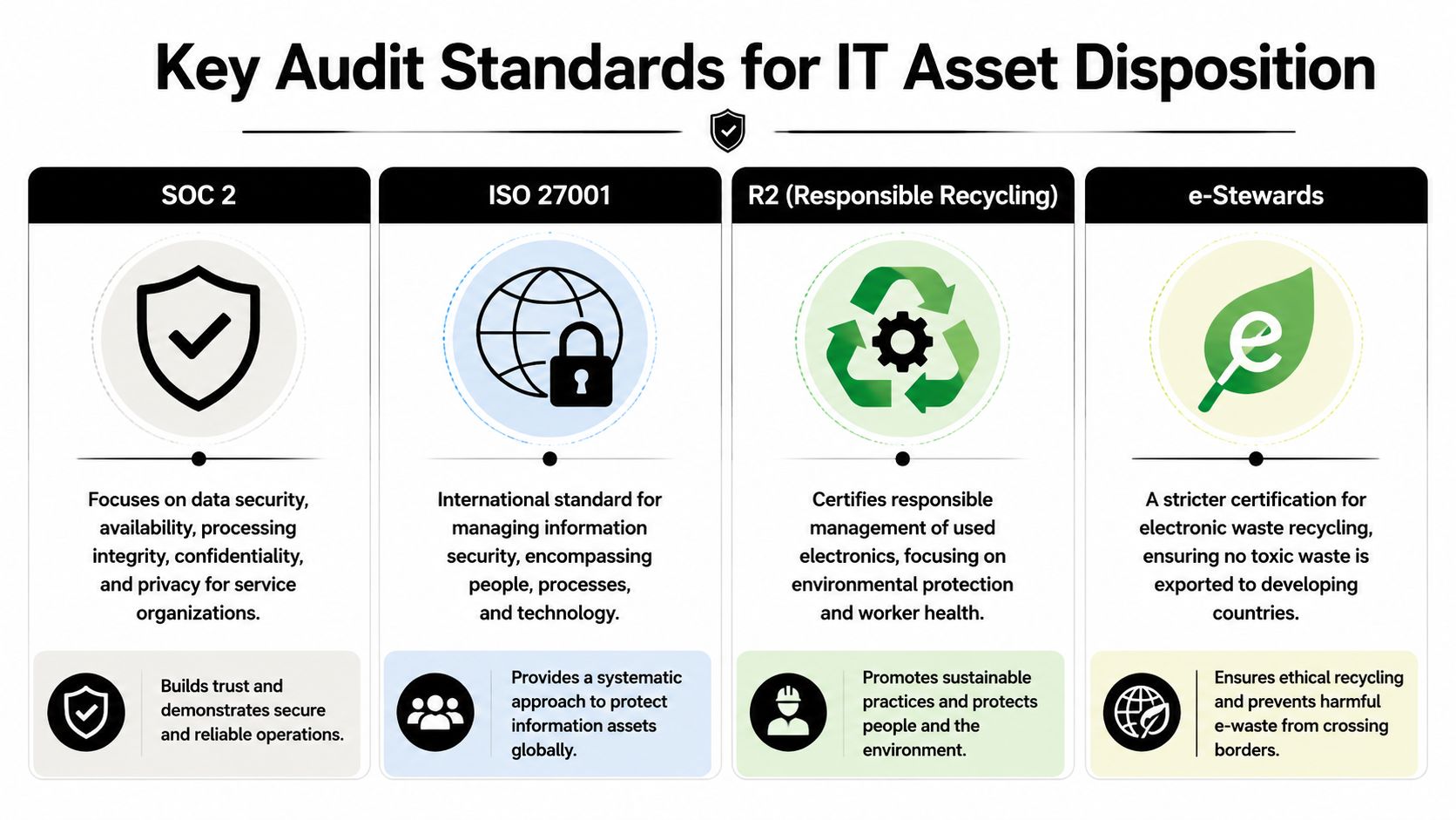 A chart detailing key audit standards for IT asset disposition, including SOC 2, ISO 27001, R2, and e-Stewards.