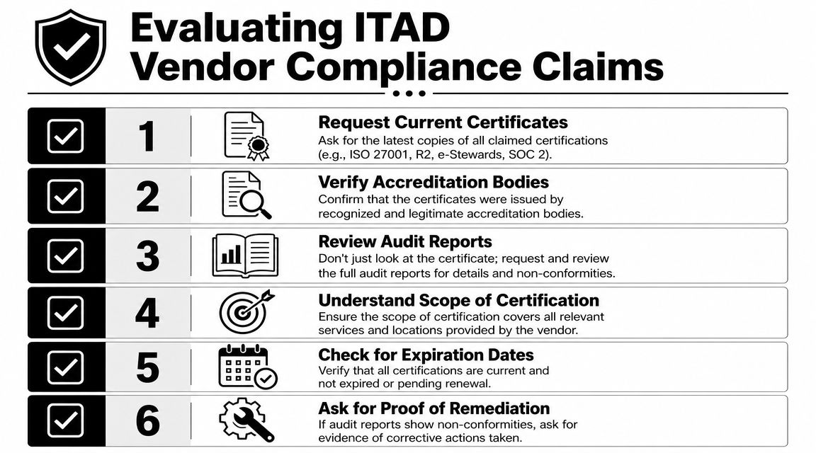 A checklist infographic detailing six essential steps for evaluating ITAD vendor compliance claims for secure asset disposition.