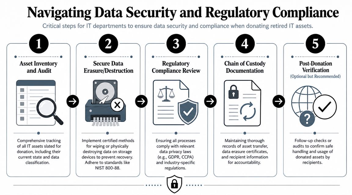A five-step infographic showing the critical process for securing IT data during the donation of retired assets.