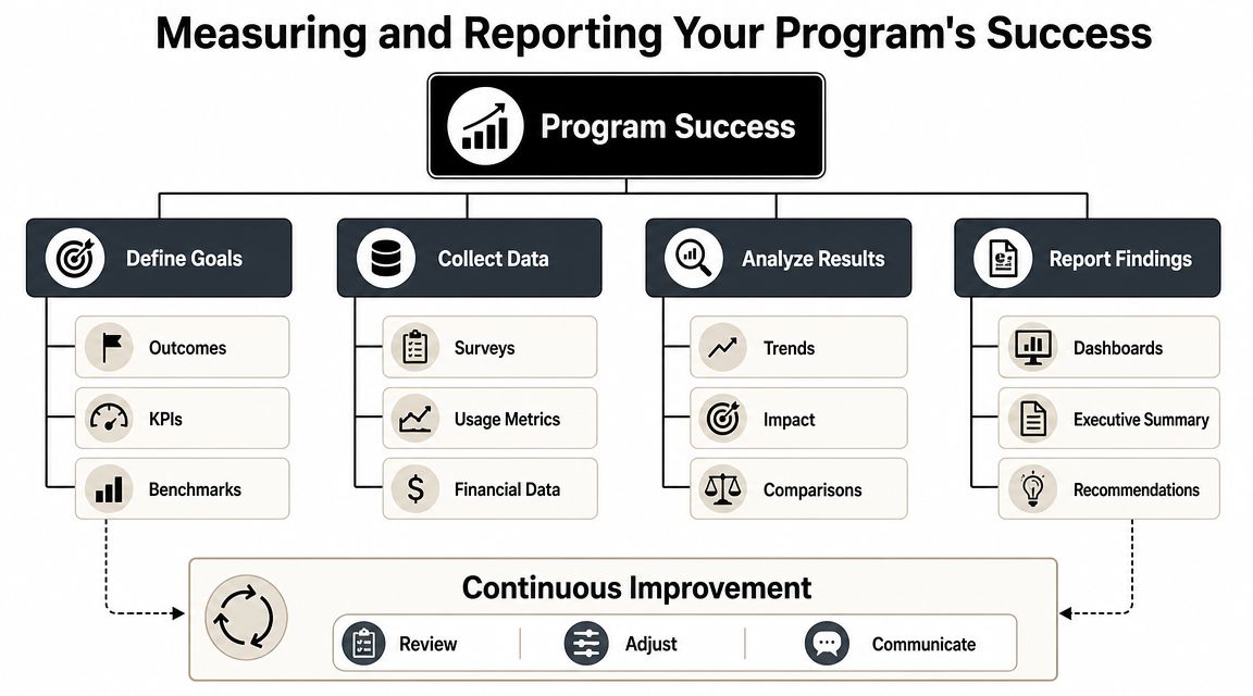 A flowchart showing the process of measuring and reporting success in community impact programs.