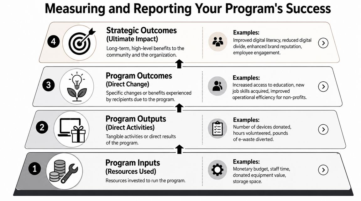 A four-level hierarchy diagram illustrating the process for measuring and reporting the success of community impact programs.