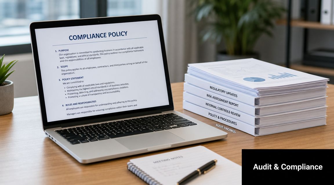 A laptop displaying a compliance policy sits on a desk next to a stack of audit reports.