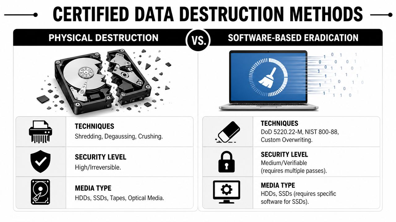 A comparison chart showing physical destruction versus software-based eradication methods for certified secure data erasure.
