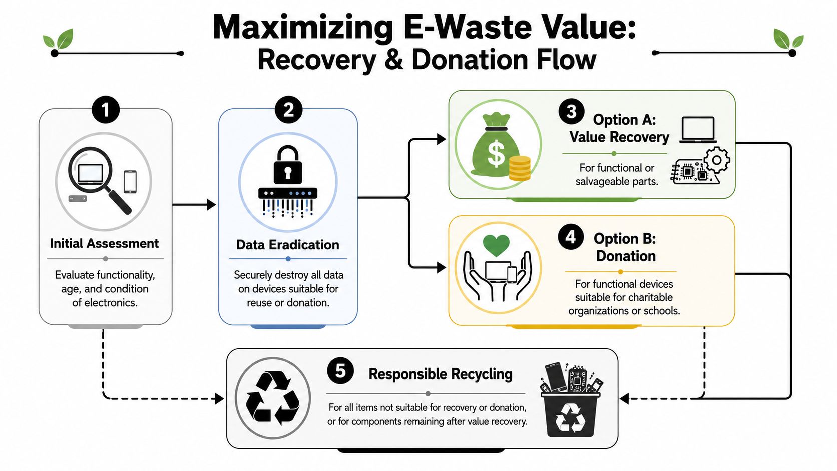 A diagram illustrating the e-waste management process including assessment, data eradication, value recovery, donation, and recycling.