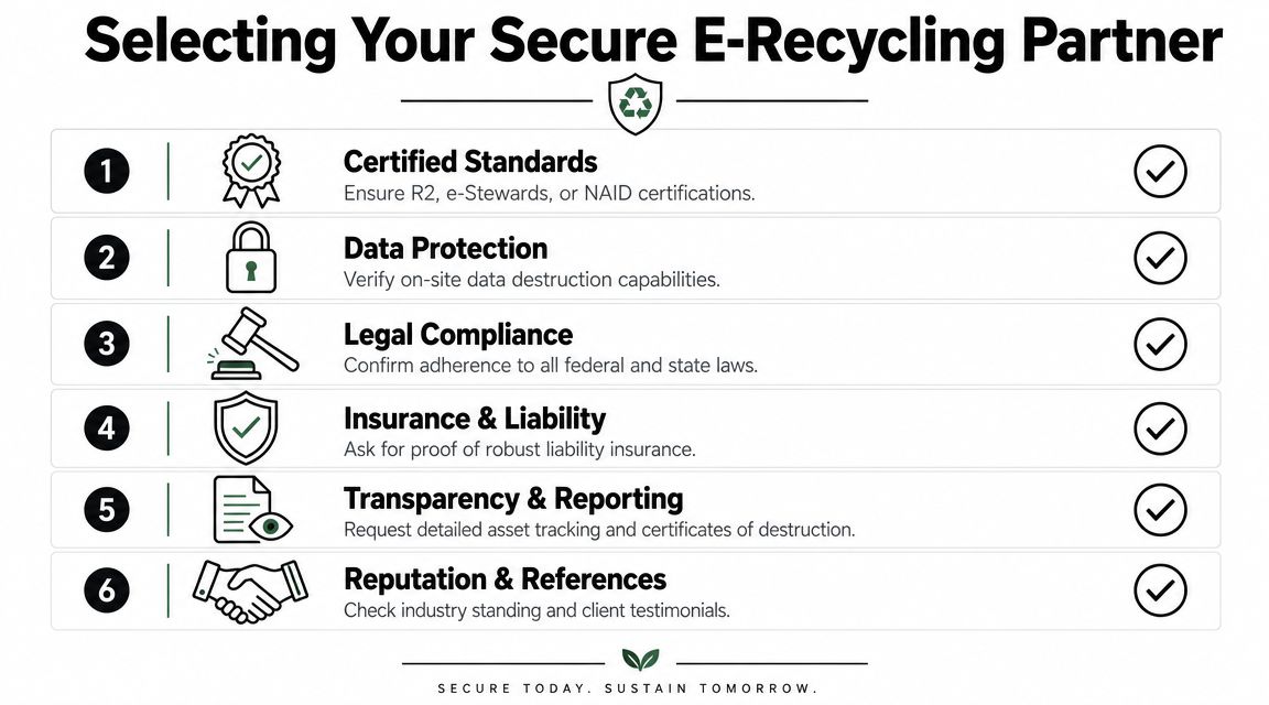 A checklist infographic detailing six essential factors for choosing a secure electronic recycling partner company.