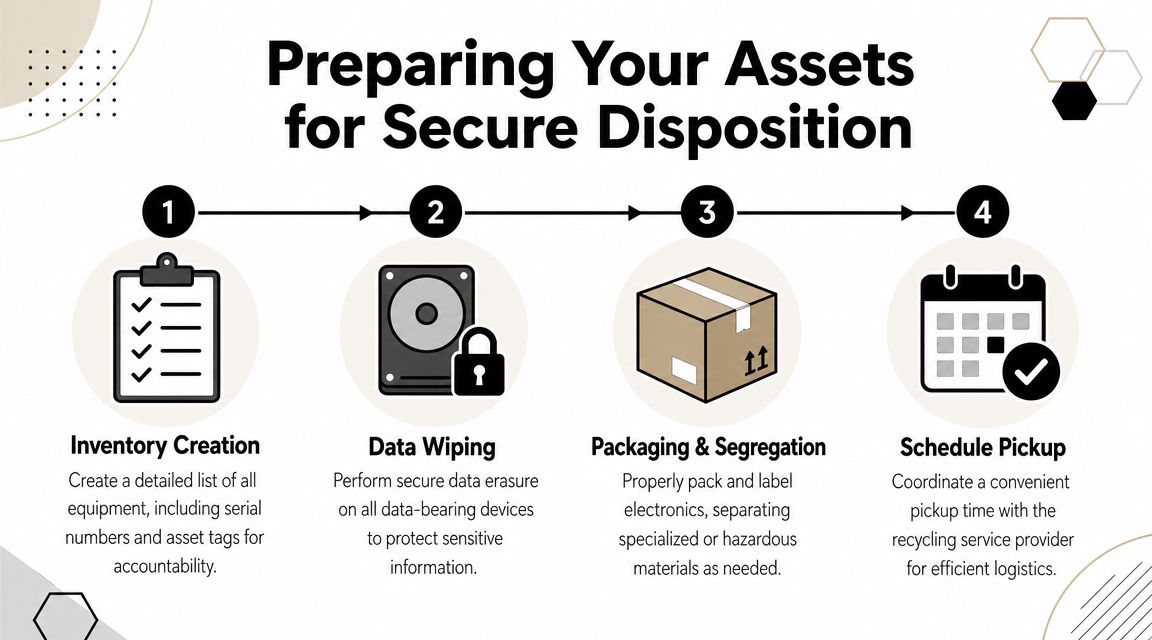 A four-step infographic illustrating the process of preparing electronic assets for secure recycling and disposition.