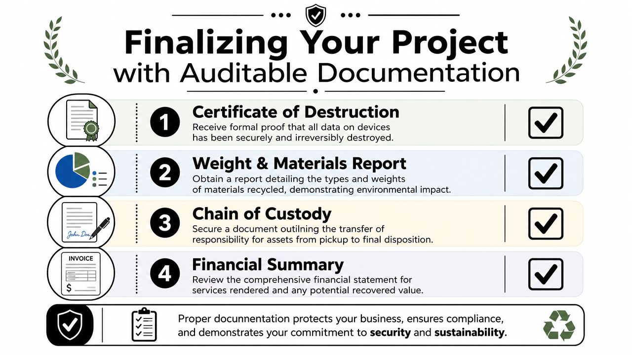 A professional infographic outlining four essential auditable documents for secure and sustainable electronics recycling projects.