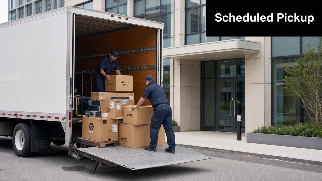 Two professional movers loading boxes of used electronics and computer equipment into the back of a truck.