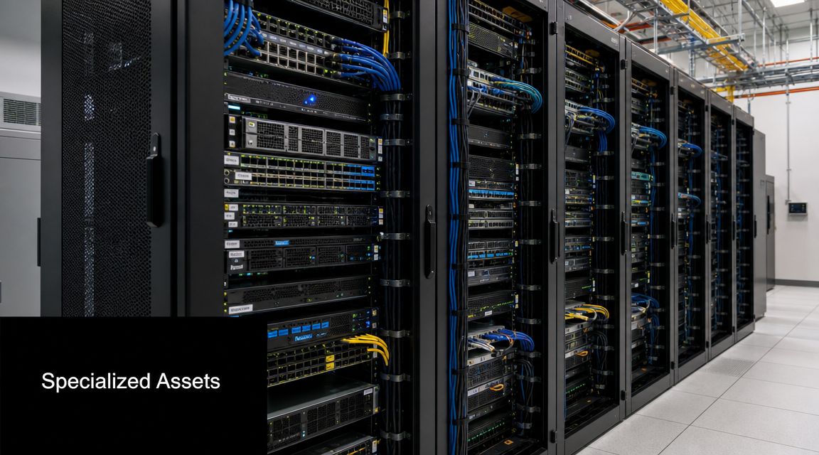 A row of black server racks filled with data networking equipment in a modern data center environment.