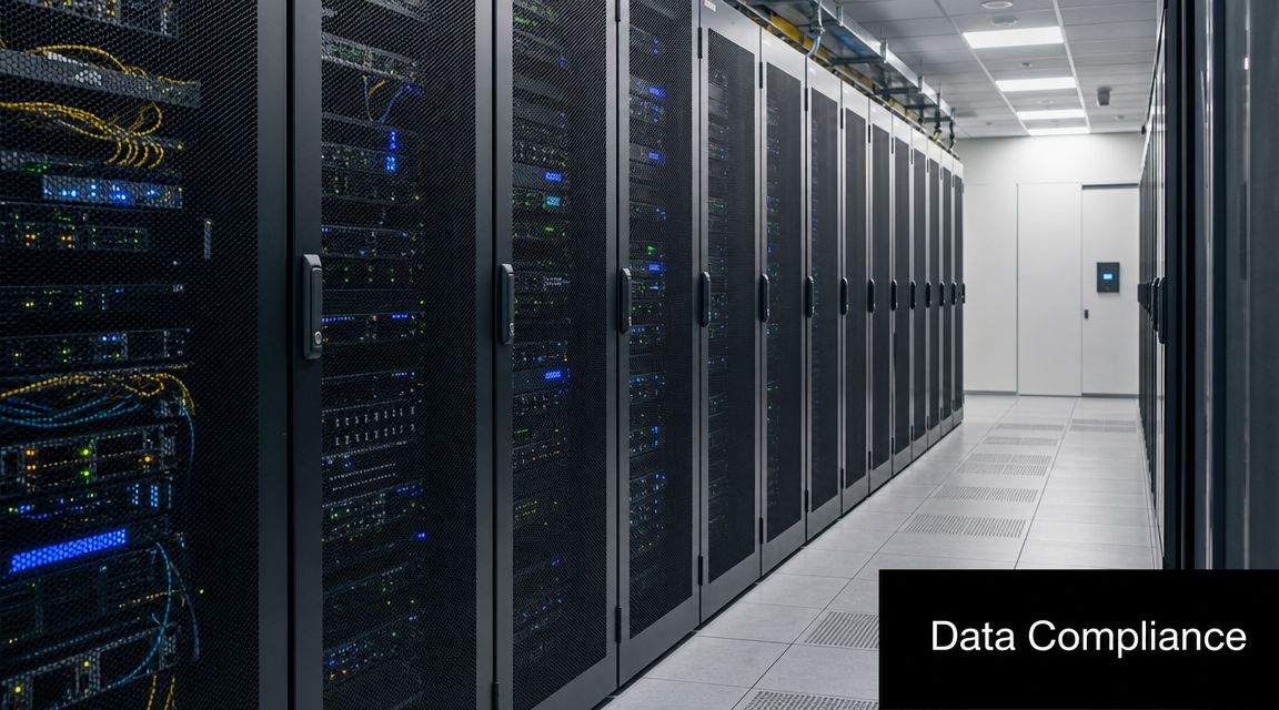 A modern server room with long rows of black data center racks and blue indicator lights.