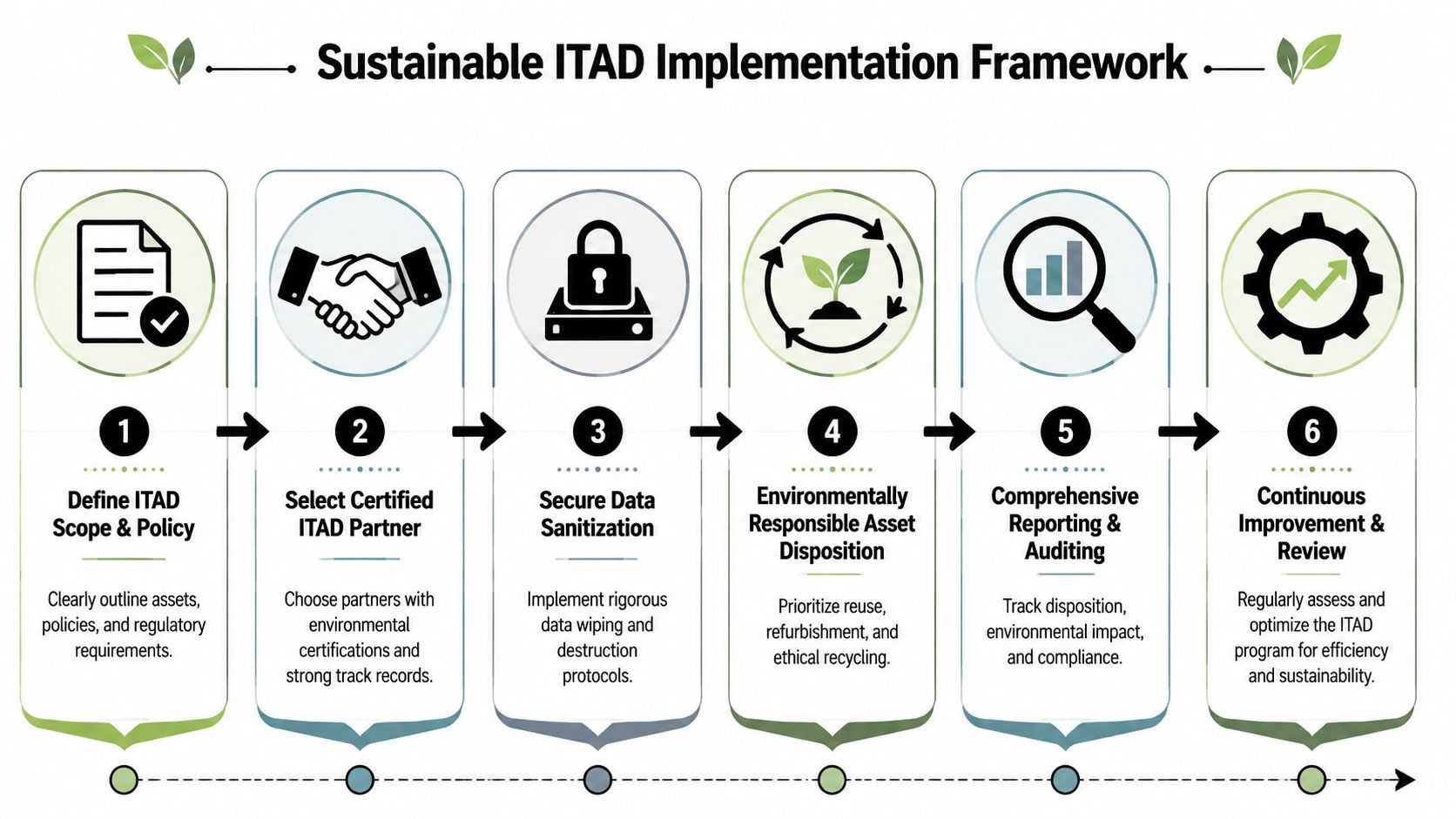 A six-step infographic showing a framework for sustainable IT asset disposition with icons and descriptive text.