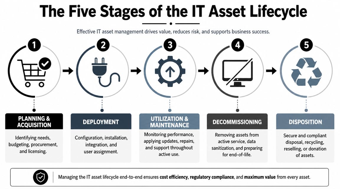 A diagram illustrating the five stages of the IT asset lifecycle from planning to final disposition.