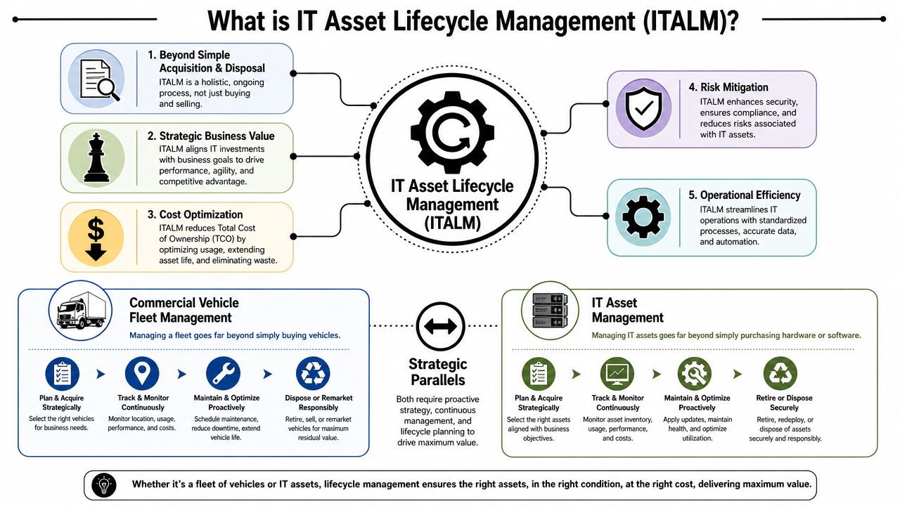 An infographic detailing IT Asset Lifecycle Management benefits, strategies, and parallels with fleet management practices.
