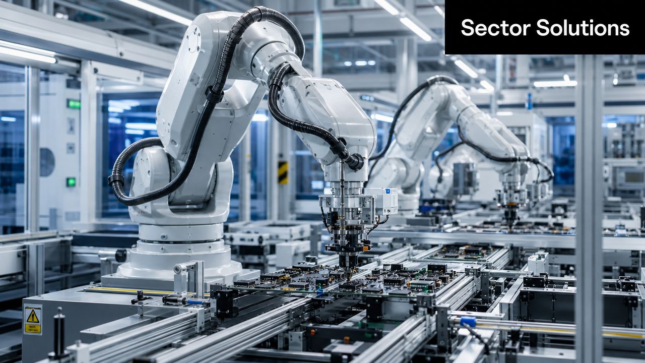 Robotic arms manufacturing electronic circuit boards on an automated production assembly line in a modern factory setting.