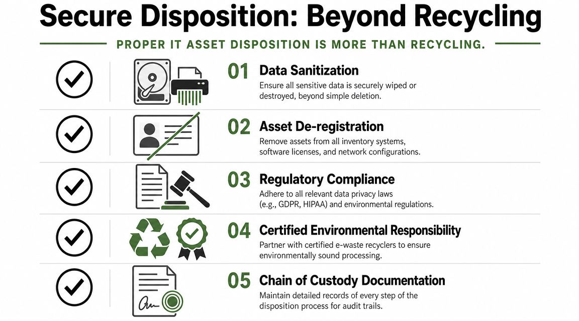 An infographic detailing five essential steps for secure IT asset disposition beyond just simple recycling.
