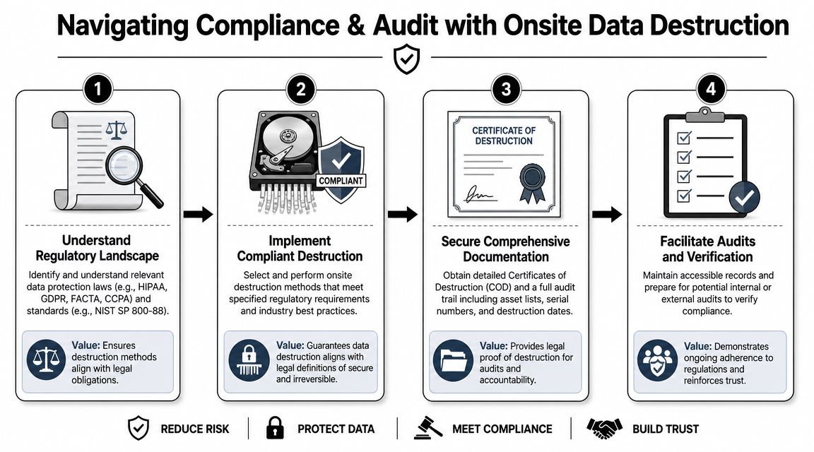 A four-step infographic illustrating the process of achieving compliance through secure onsite data destruction services.