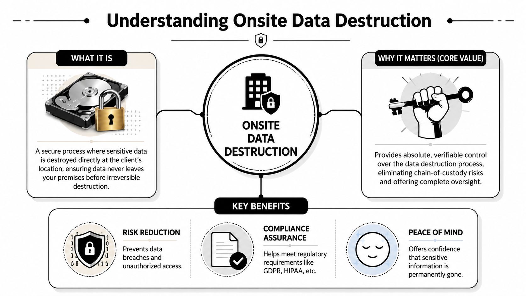 An infographic explaining the benefits and core values of a secure onsite data destruction service process.