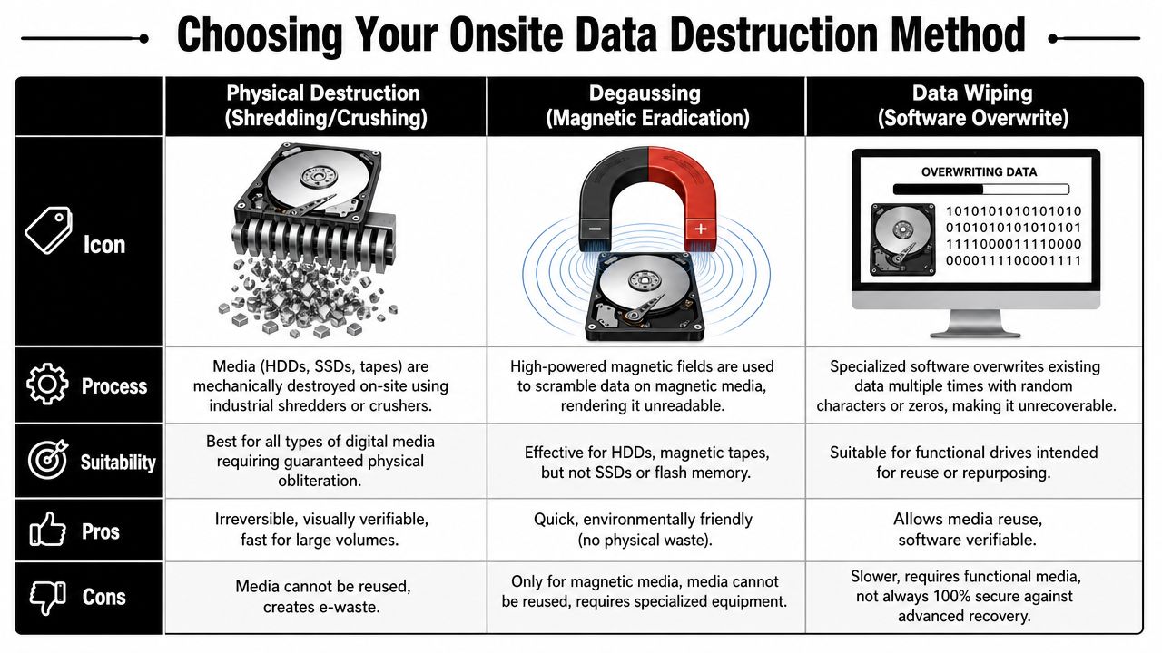 A comparison table outlining the processes, pros, and cons of onsite data destruction methods including shredding, degaussing, and wiping.