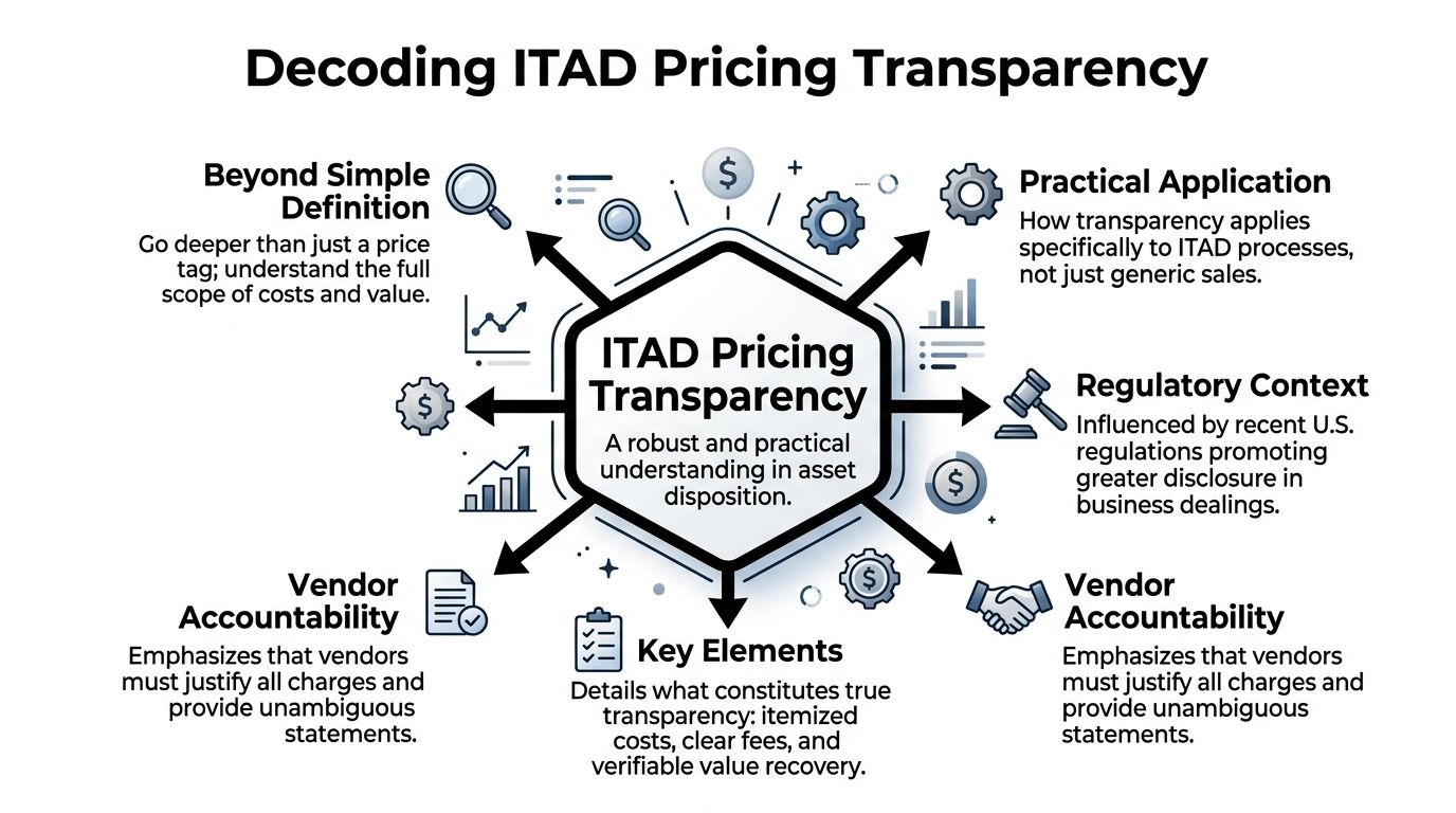 An infographic titled Decoding ITAD Pricing Transparency explaining core concepts of asset disposition cost and accountability.