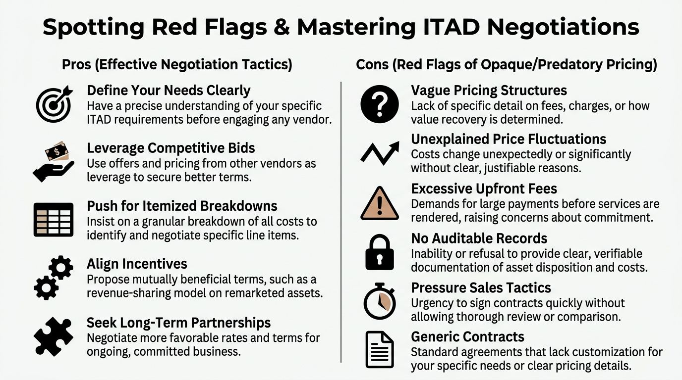 A chart comparing effective negotiation tactics against red flags for ITAD pricing transparency and vendor selection.