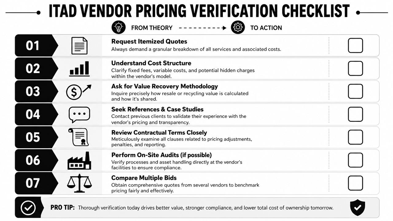 A seven-step ITAD vendor pricing verification checklist for businesses to ensure transparency and better value.