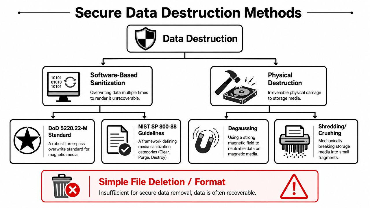 An infographic showing secure data destruction methods including software sanitization, physical destruction, and insecure deletion warnings.