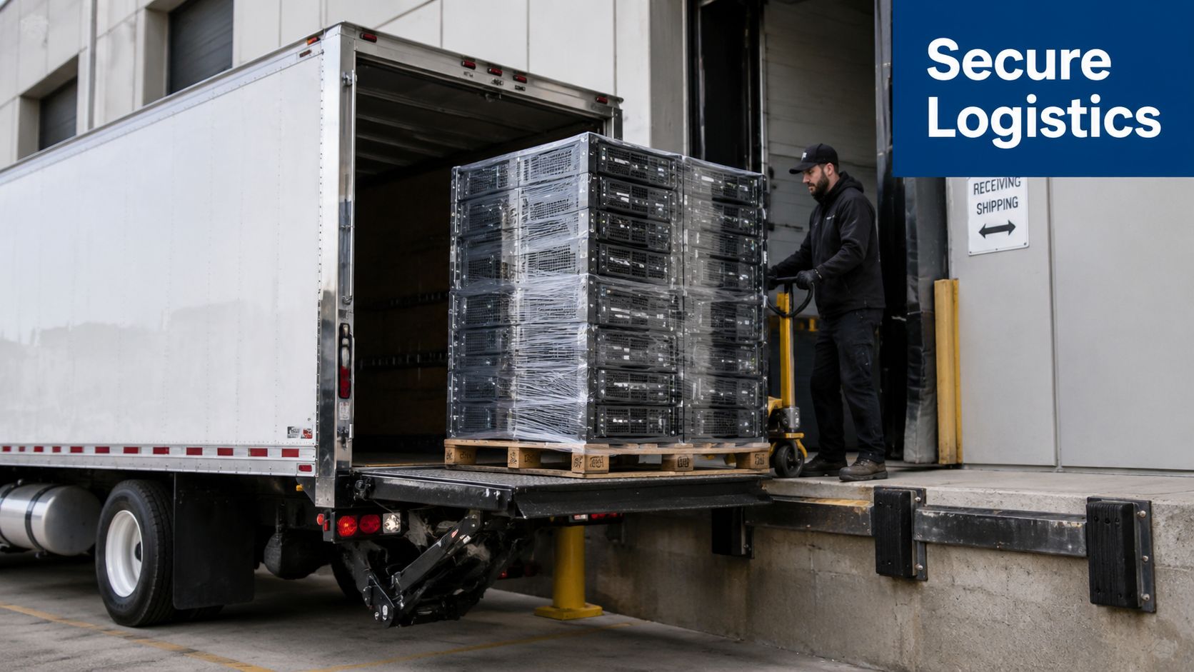 A warehouse worker unloading a pallet of stacked servers from a truck at a shipping dock.