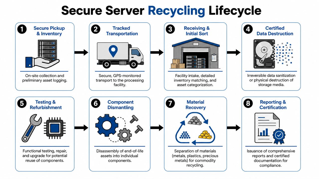 An infographic illustrating the eight-step secure server recycling lifecycle, from pickup to final certification and reporting.